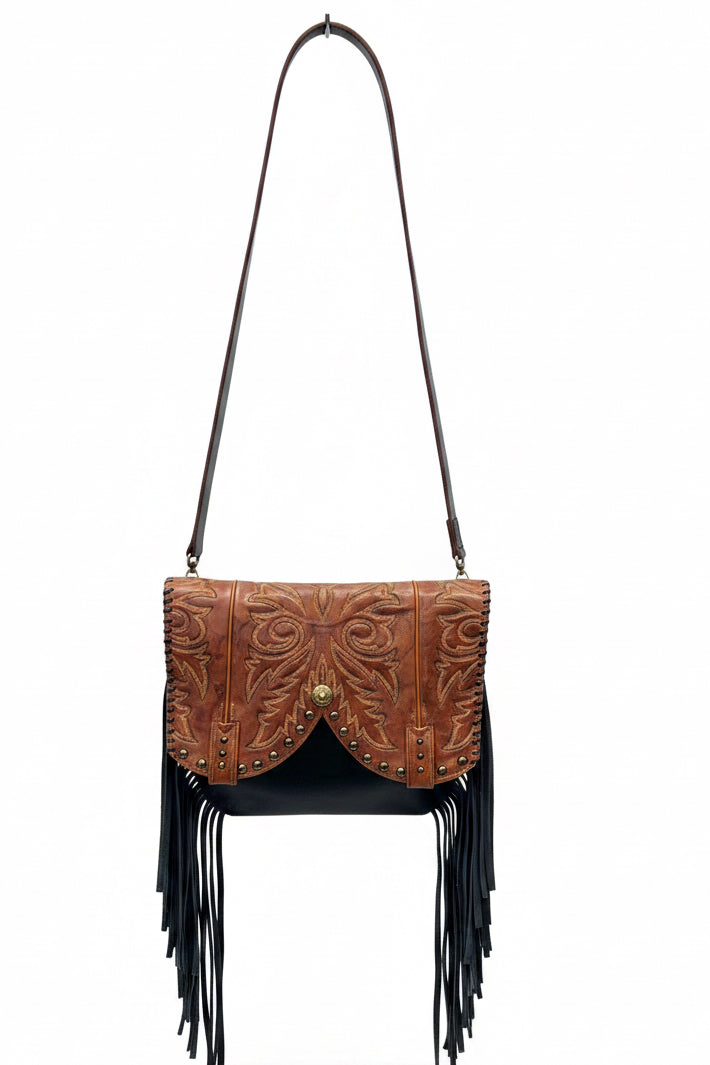 Black leather & cowhide bag with boot top flap