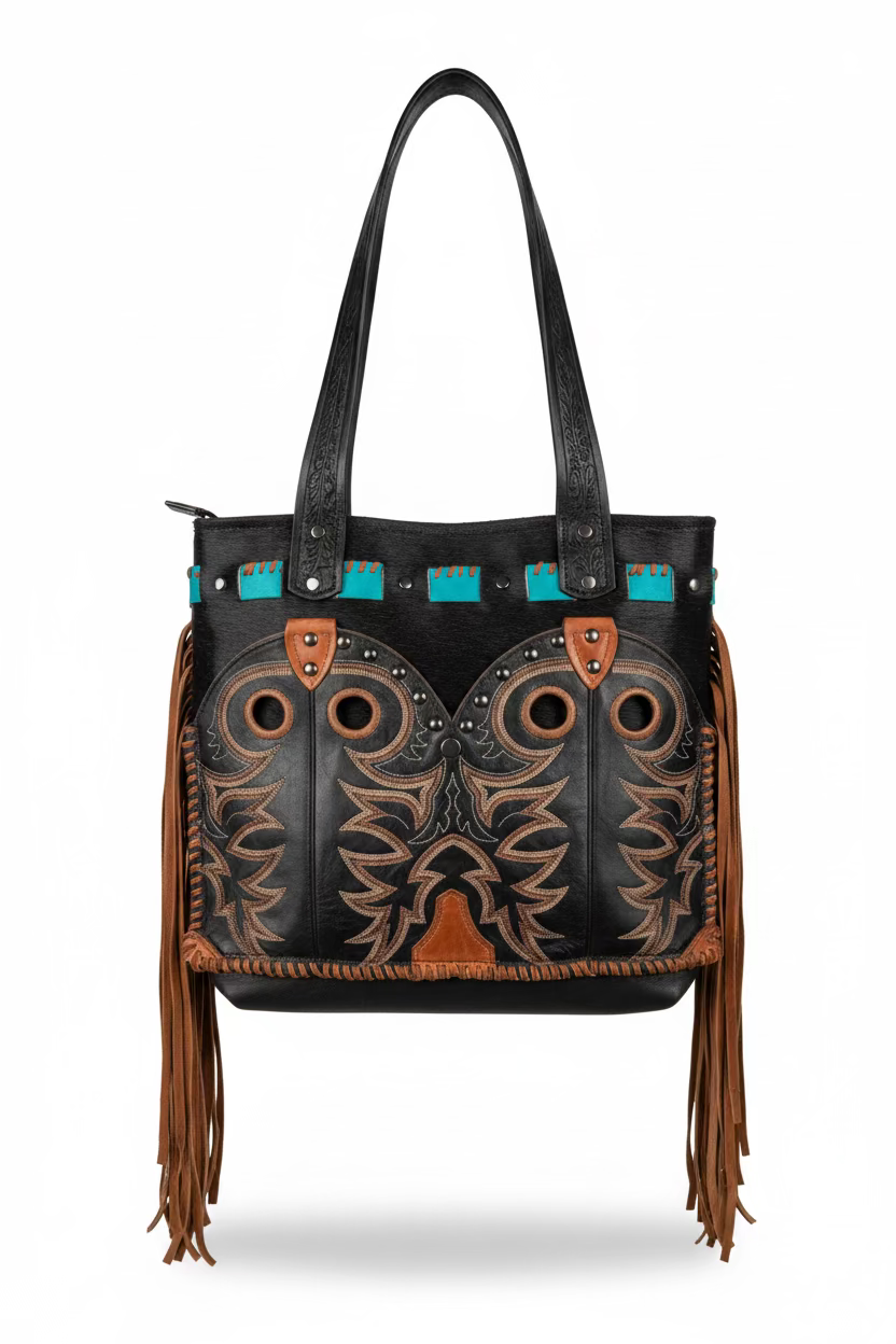 Cow hide tote with boot top pocket